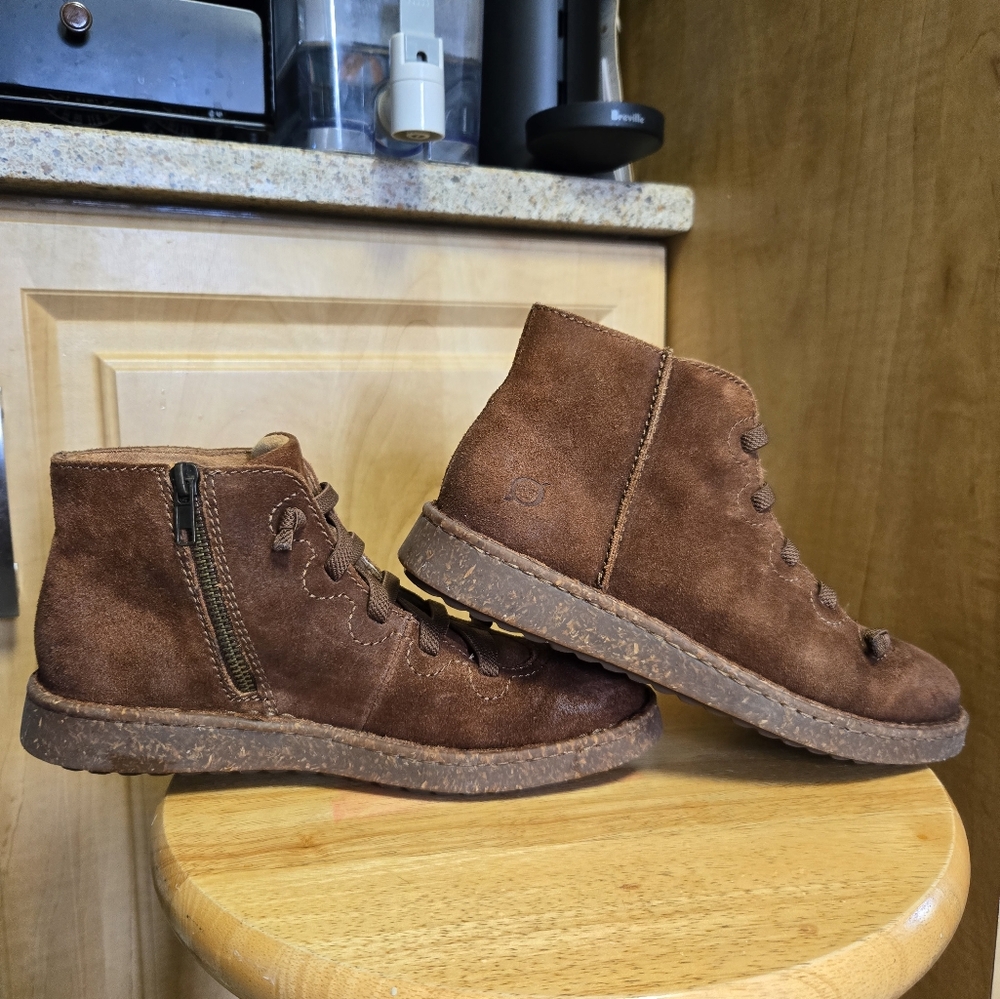 Born Sienna Distressed Rust Suede Ankle Boots with Side Zipper.